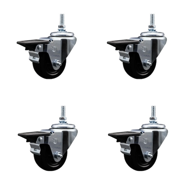 3 Inch Hard Rubber 12 MM Threaded Stem Caster Set with Brake